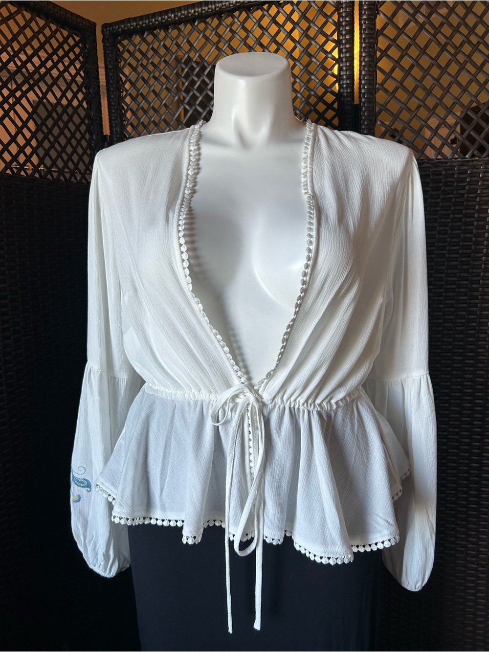 torrid White Tie-Front Peplum Blouse with Pom-Pom Trim